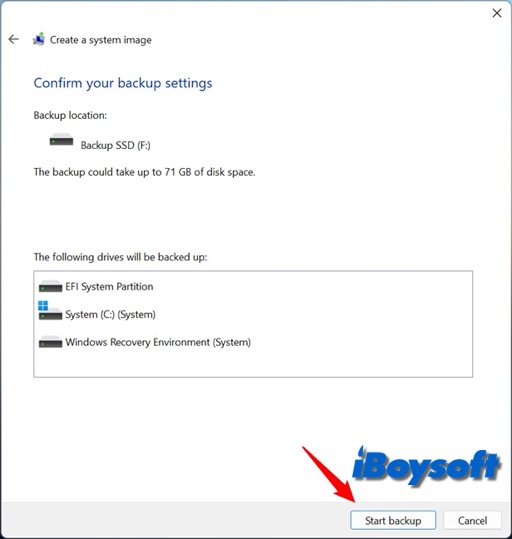 confirmar configurações de backup da imagem do sistema